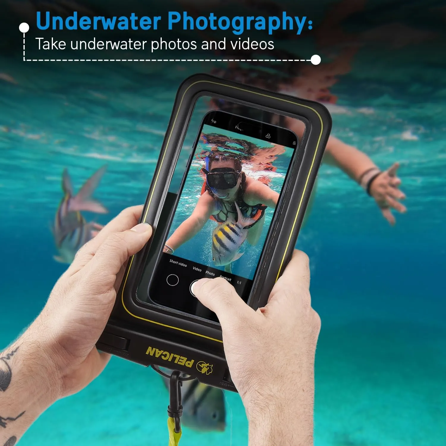 Pelican Marine - IP68 Waterproof Phone Pouch (XL Size) Floating Waterproof Phone Case - Beach Cruise Ship Travel Essentials - Works with All Phones - Detachable Lanyard - Black/Hi-Vis Yellow