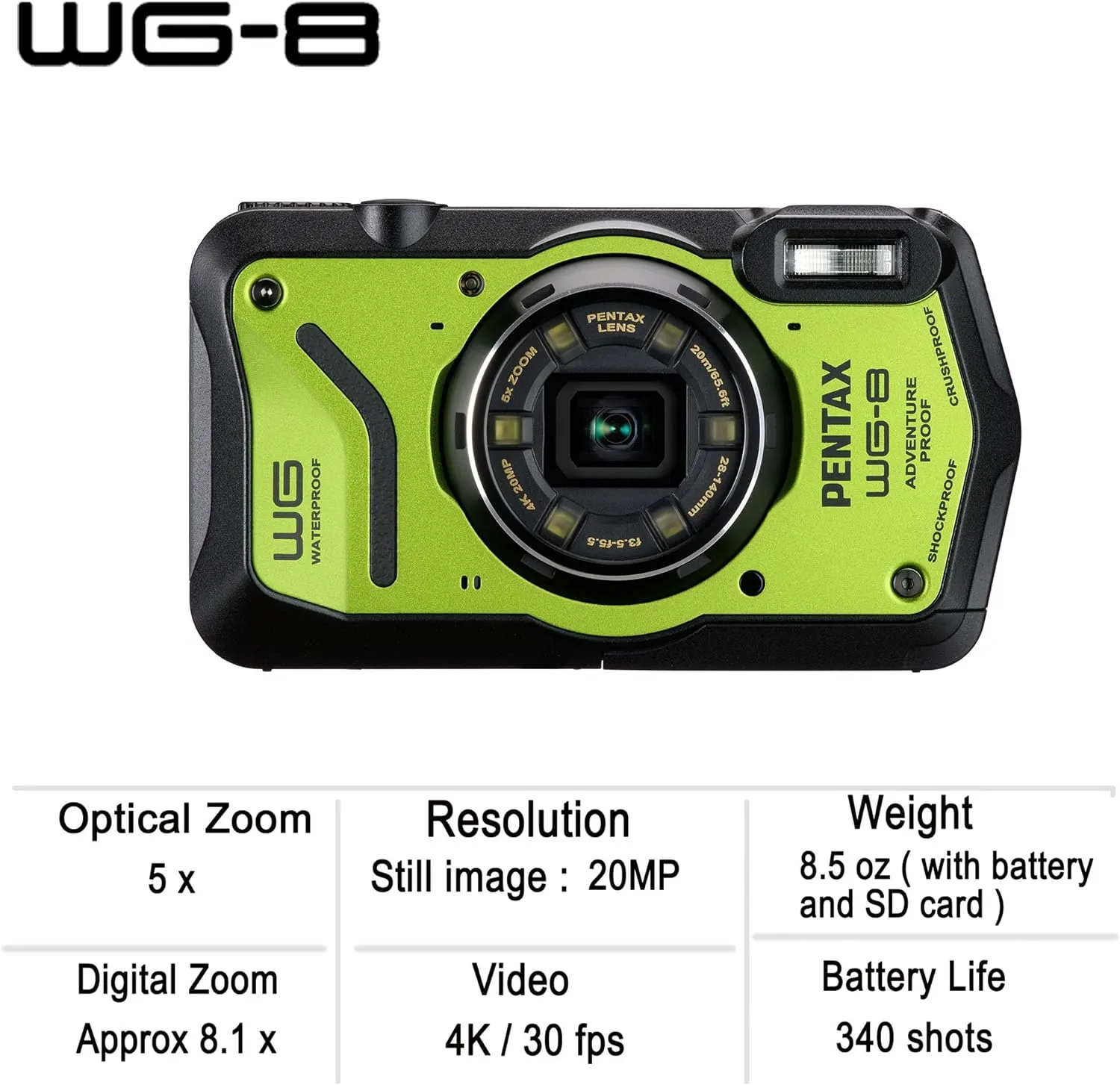PENTAX WG-8 Green All-Weather Adventure Camera, Featuring Outstanding Waterproof, dustproof, Shock-Resistant Performance, Multi-Application Ring Light for Macro Photography and Webcam Function