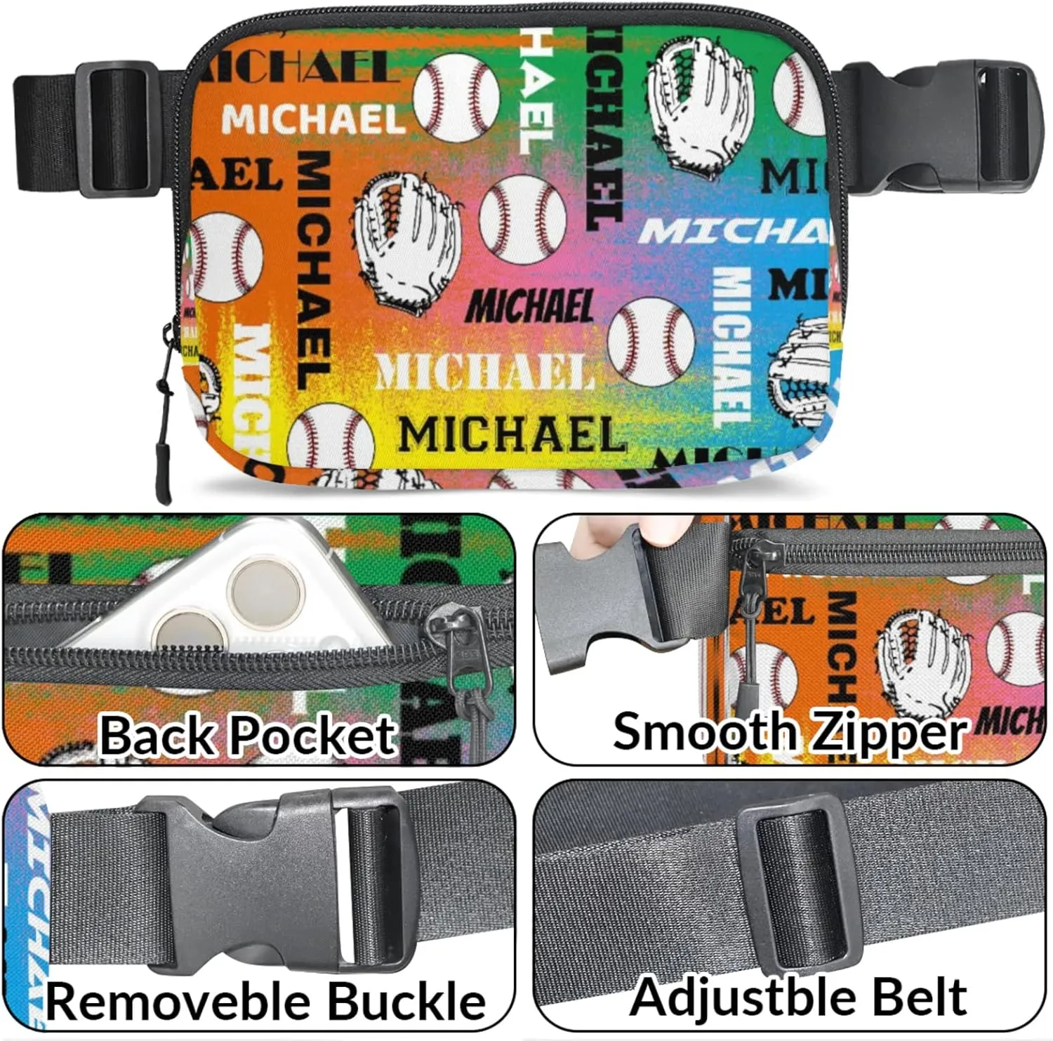 Personalized Baseball Fanny Pack, Custom Name Waist Packs Crossbody Belt Bag with Adjustable Strap for Sports Travel Workout Running Hiking, Colorful