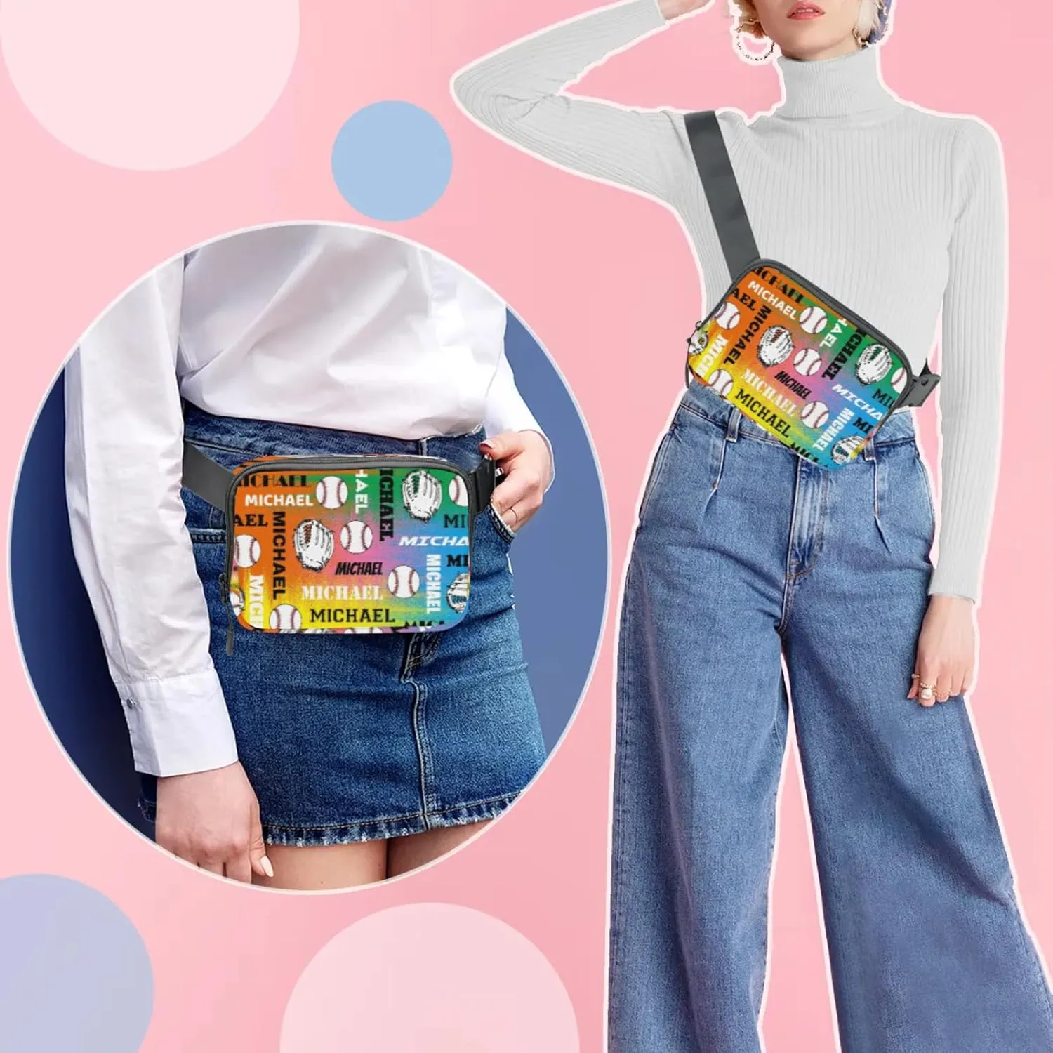 Personalized Baseball Fanny Pack, Custom Name Waist Packs Crossbody Belt Bag with Adjustable Strap for Sports Travel Workout Running Hiking, Colorful