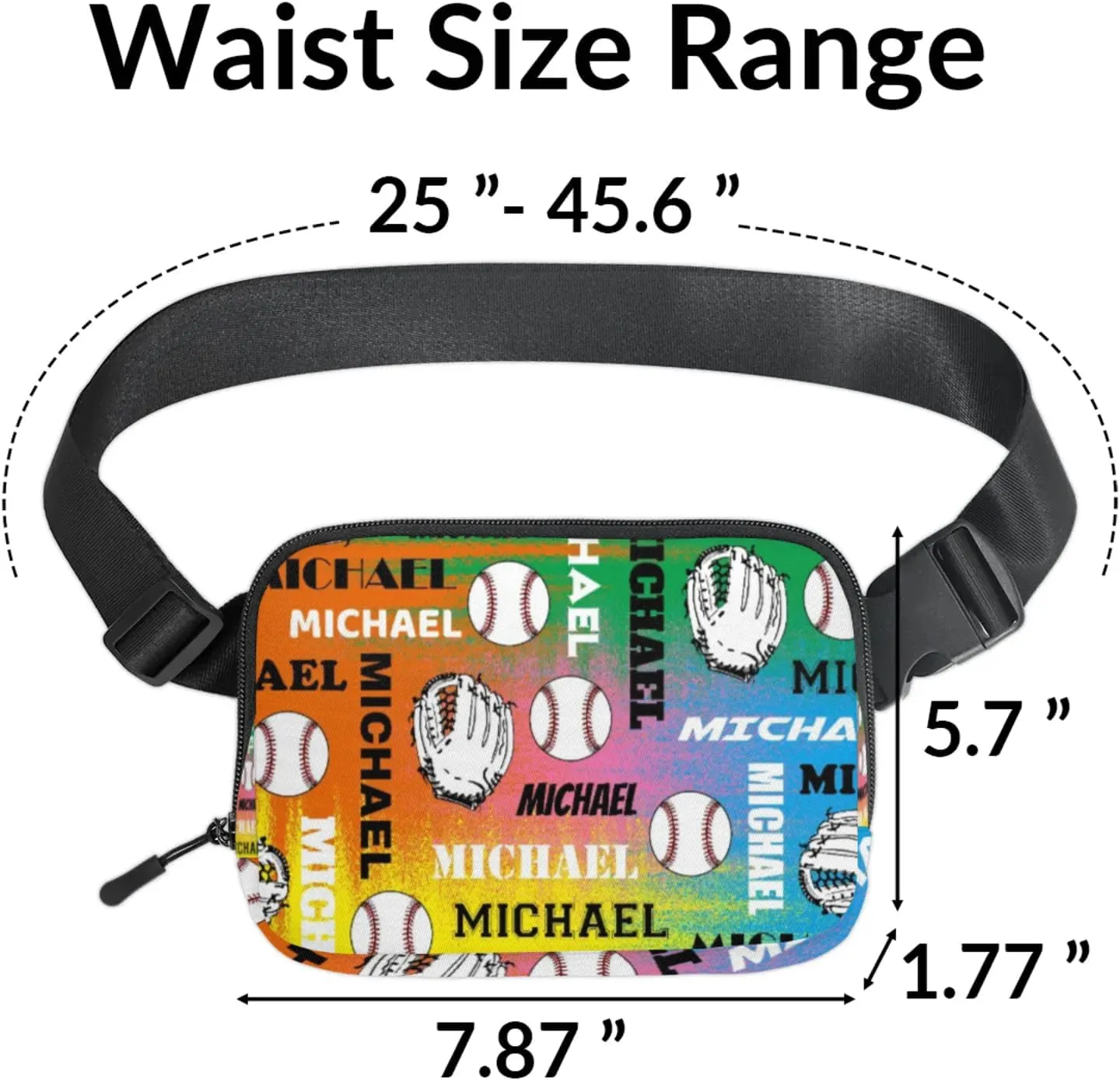 Personalized Baseball Fanny Pack, Custom Name Waist Packs Crossbody Belt Bag with Adjustable Strap for Sports Travel Workout Running Hiking, Colorful