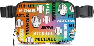 Personalized Baseball Fanny Pack, Custom Name Waist Packs Crossbody Belt Bag with Adjustable Strap for Sports Travel Workout Running Hiking, Colorful