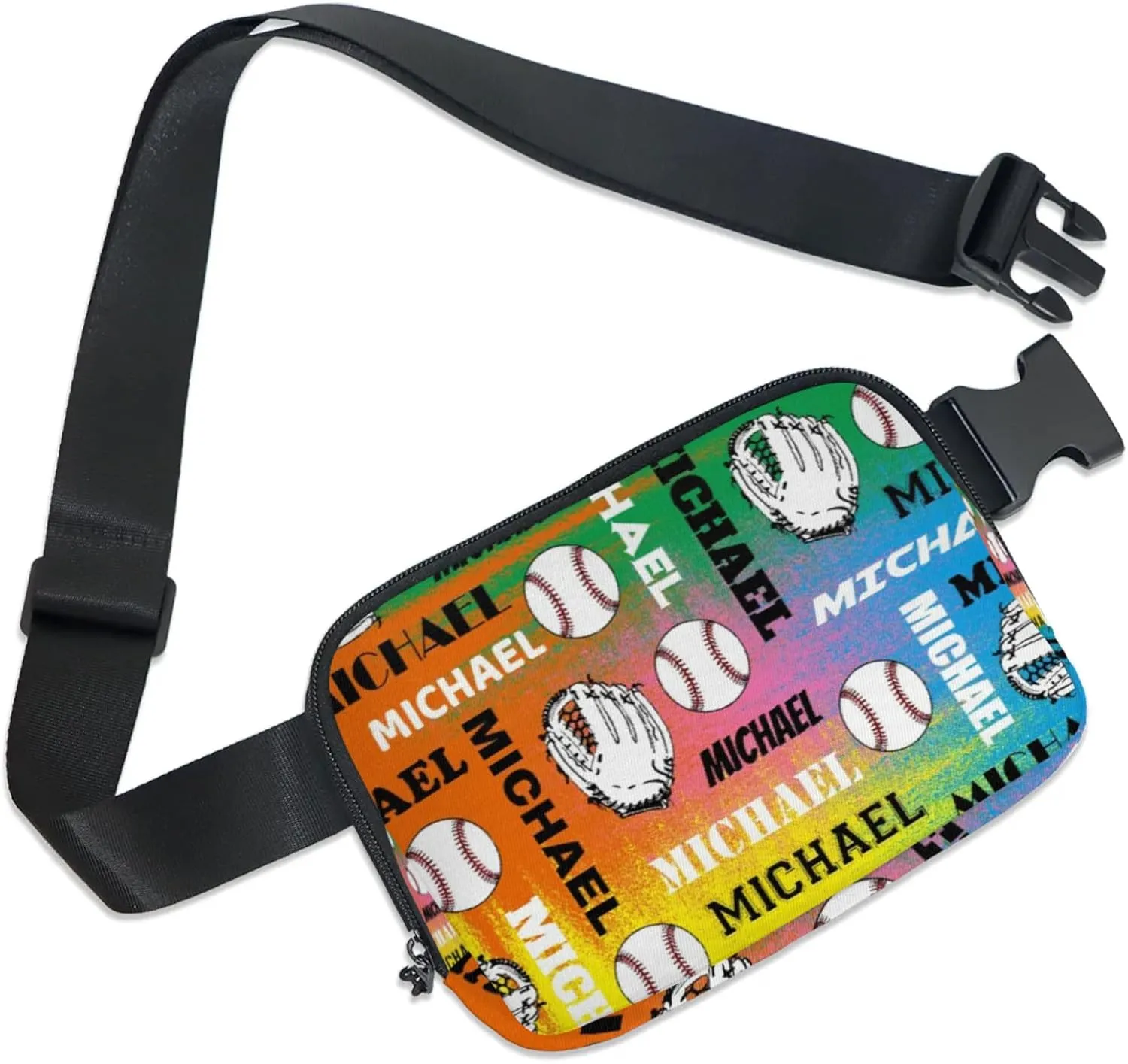Personalized Baseball Fanny Pack, Custom Name Waist Packs Crossbody Belt Bag with Adjustable Strap for Sports Travel Workout Running Hiking, Colorful