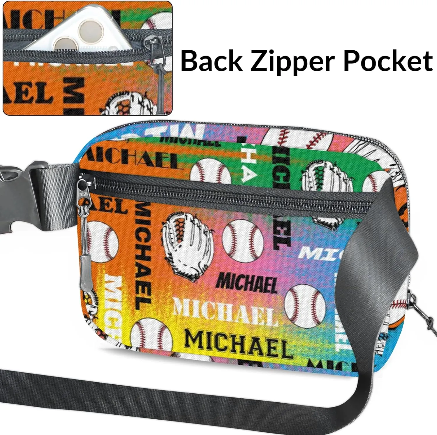 Personalized Baseball Fanny Pack, Custom Name Waist Packs Crossbody Belt Bag with Adjustable Strap for Sports Travel Workout Running Hiking, Colorful