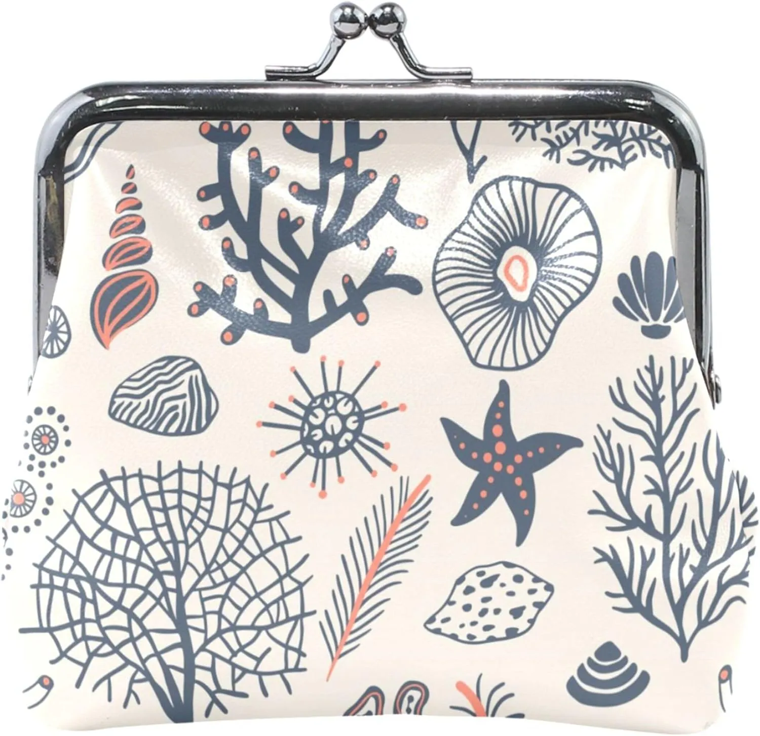 Personalized Cute Coin Purse for Women Leather Seashells Corals Beige Kiss Lock Change Purse for Coins
