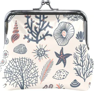 Personalized Cute Coin Purse for Women Leather Seashells Corals Beige Kiss Lock Change Purse for Coins
