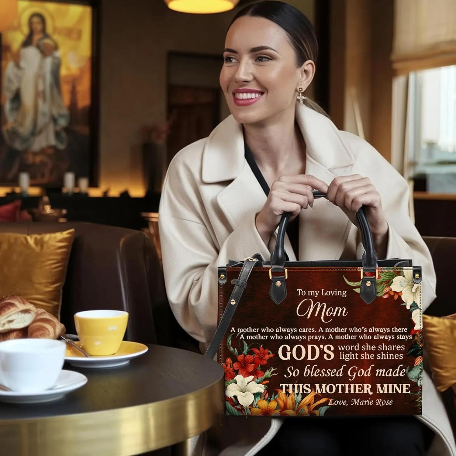 Personalized Leather Handbag for Women – Matching Purse and Wallet Set – Custom Name Church Bags, Mother's Day Gift