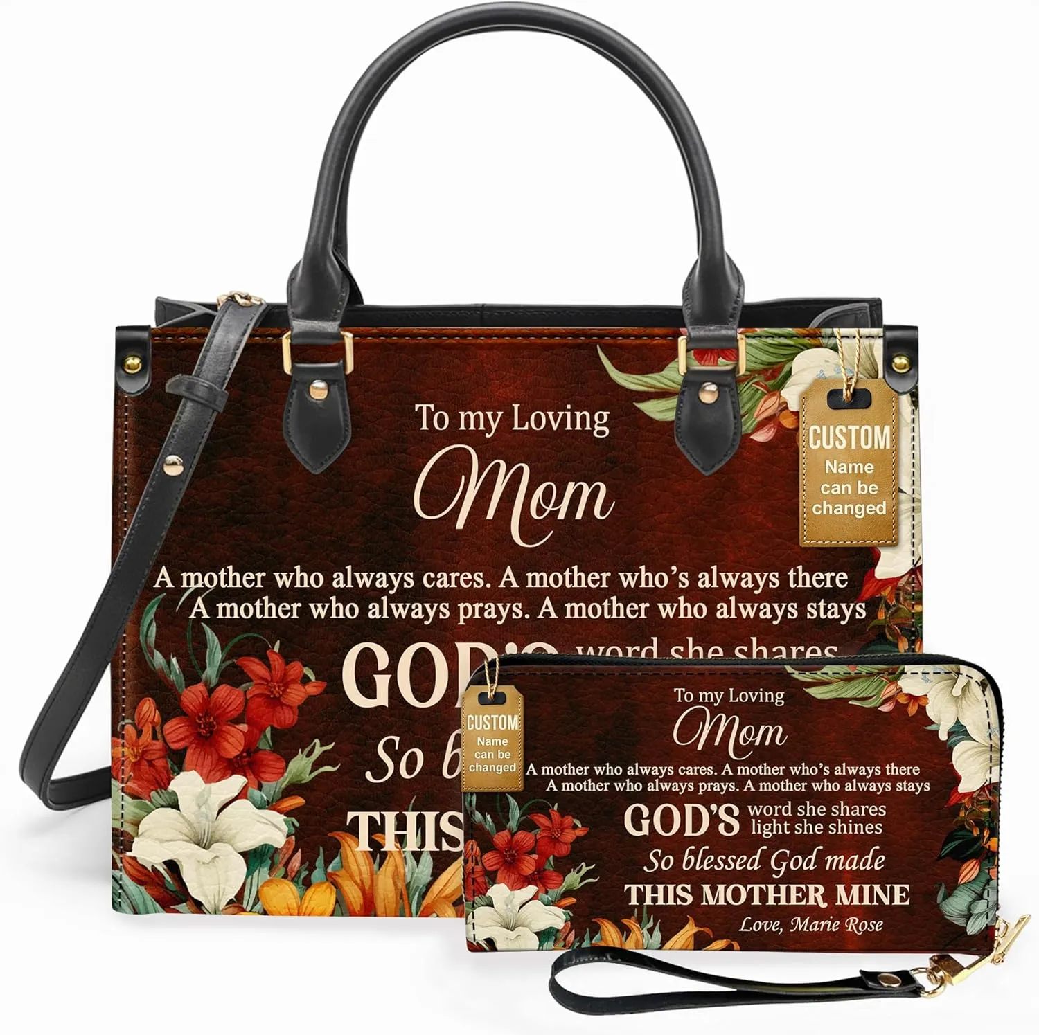 Personalized Leather Handbag for Women – Matching Purse and Wallet Set – Custom Name Church Bags, Mother's Day Gift