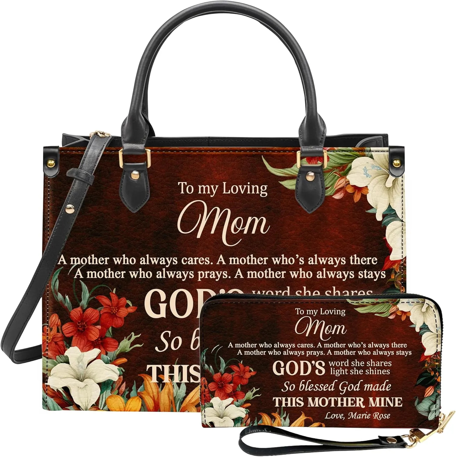 Personalized Leather Handbag for Women – Matching Purse and Wallet Set – Custom Name Church Bags, Mother's Day Gift