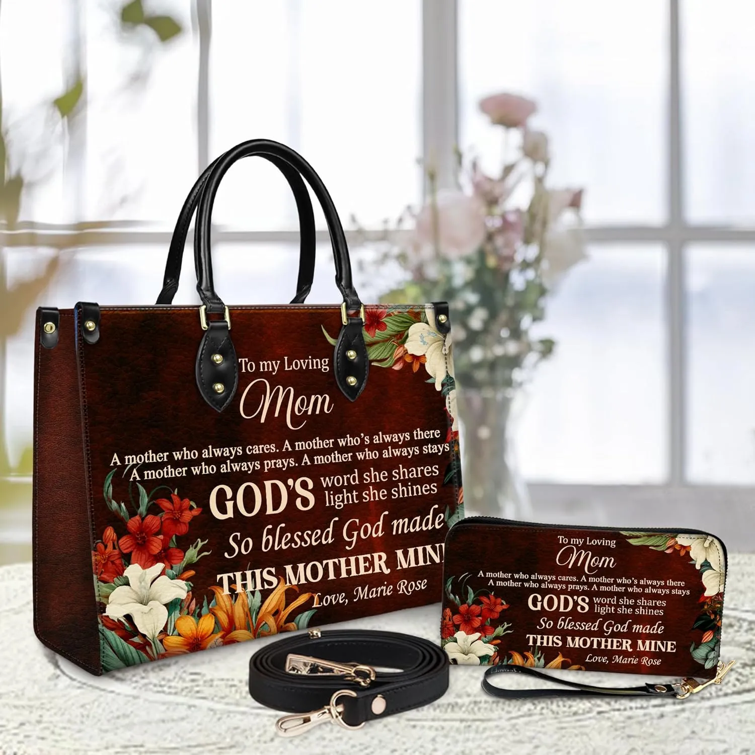 Personalized Leather Handbag for Women – Matching Purse and Wallet Set – Custom Name Church Bags, Mother's Day Gift