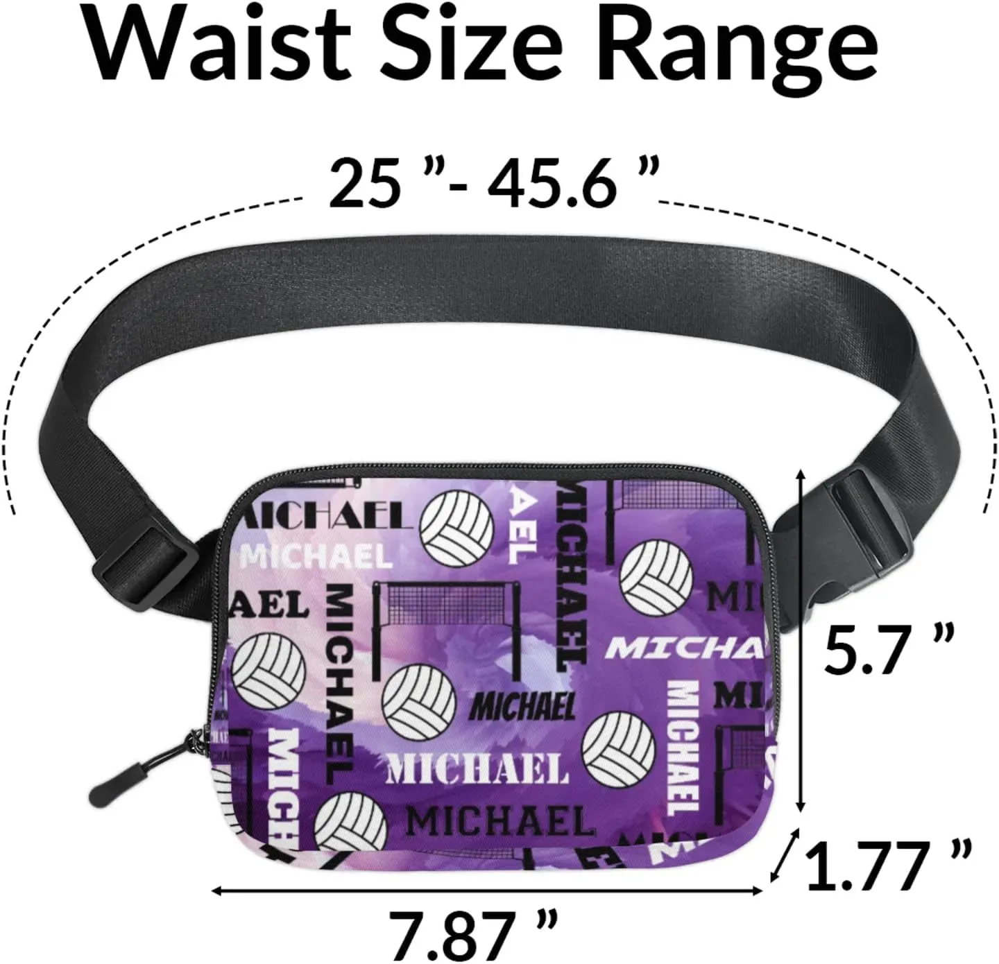 Personalized Volleyball Fanny Pack with Name, Custom Name Waist Packs Crossbody Belt Bag with Adjustable Strap for Sports Travel Workout Running Hiking, Purple