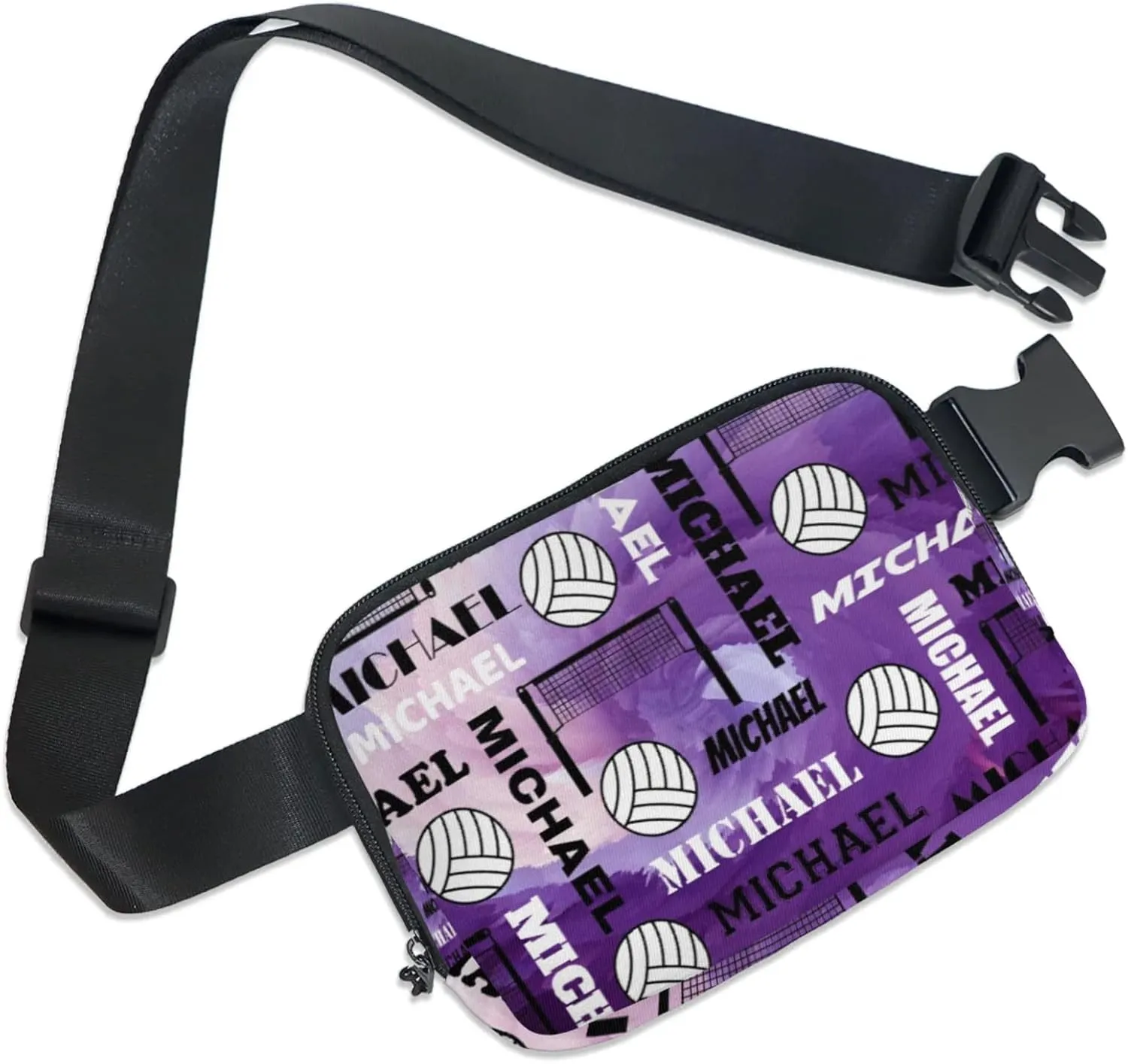 Personalized Volleyball Fanny Pack with Name, Custom Name Waist Packs Crossbody Belt Bag with Adjustable Strap for Sports Travel Workout Running Hiking, Purple