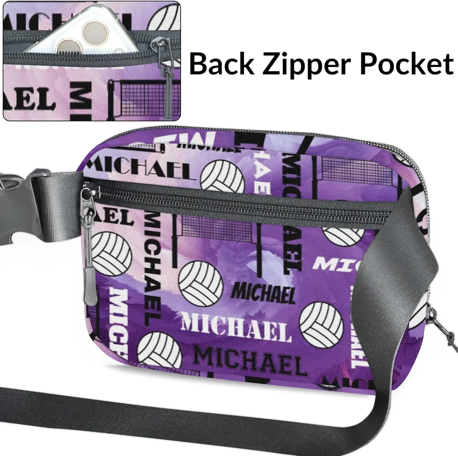 Personalized Volleyball Fanny Pack with Name, Custom Name Waist Packs Crossbody Belt Bag with Adjustable Strap for Sports Travel Workout Running Hiking, Purple
