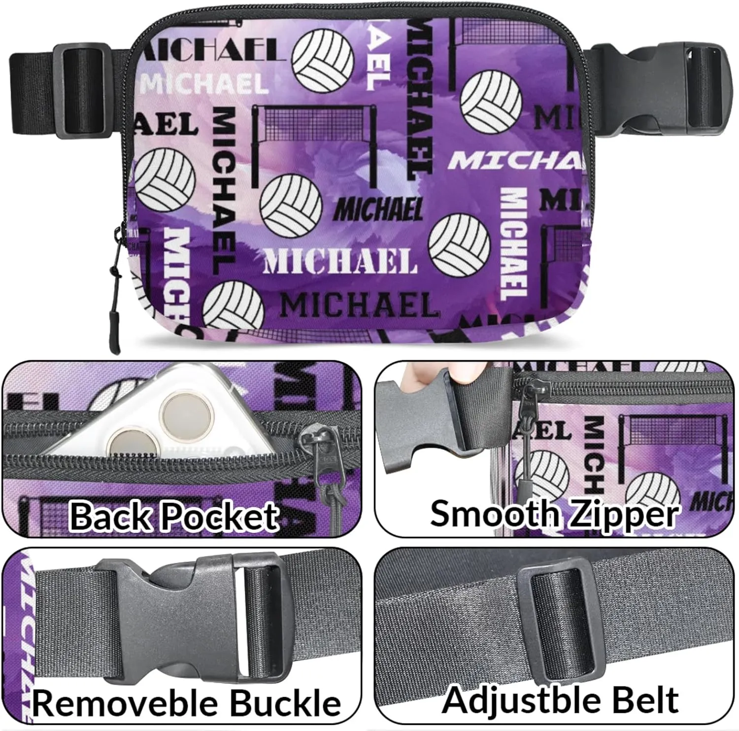 Personalized Volleyball Fanny Pack with Name, Custom Name Waist Packs Crossbody Belt Bag with Adjustable Strap for Sports Travel Workout Running Hiking, Purple
