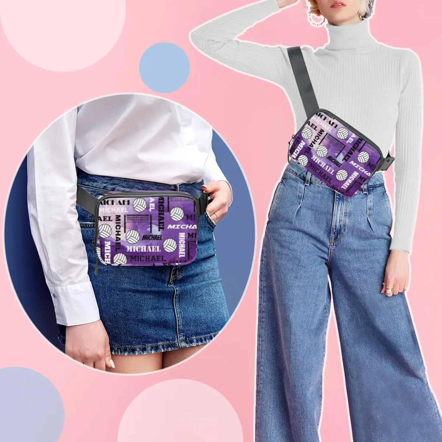 Personalized Volleyball Fanny Pack with Name, Custom Name Waist Packs Crossbody Belt Bag with Adjustable Strap for Sports Travel Workout Running Hiking, Purple