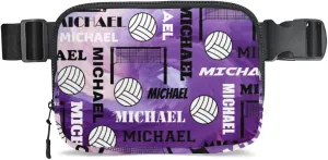 Personalized Volleyball Fanny Pack with Name, Custom Name Waist Packs Crossbody Belt Bag with Adjustable Strap for Sports Travel Workout Running Hiking, Purple