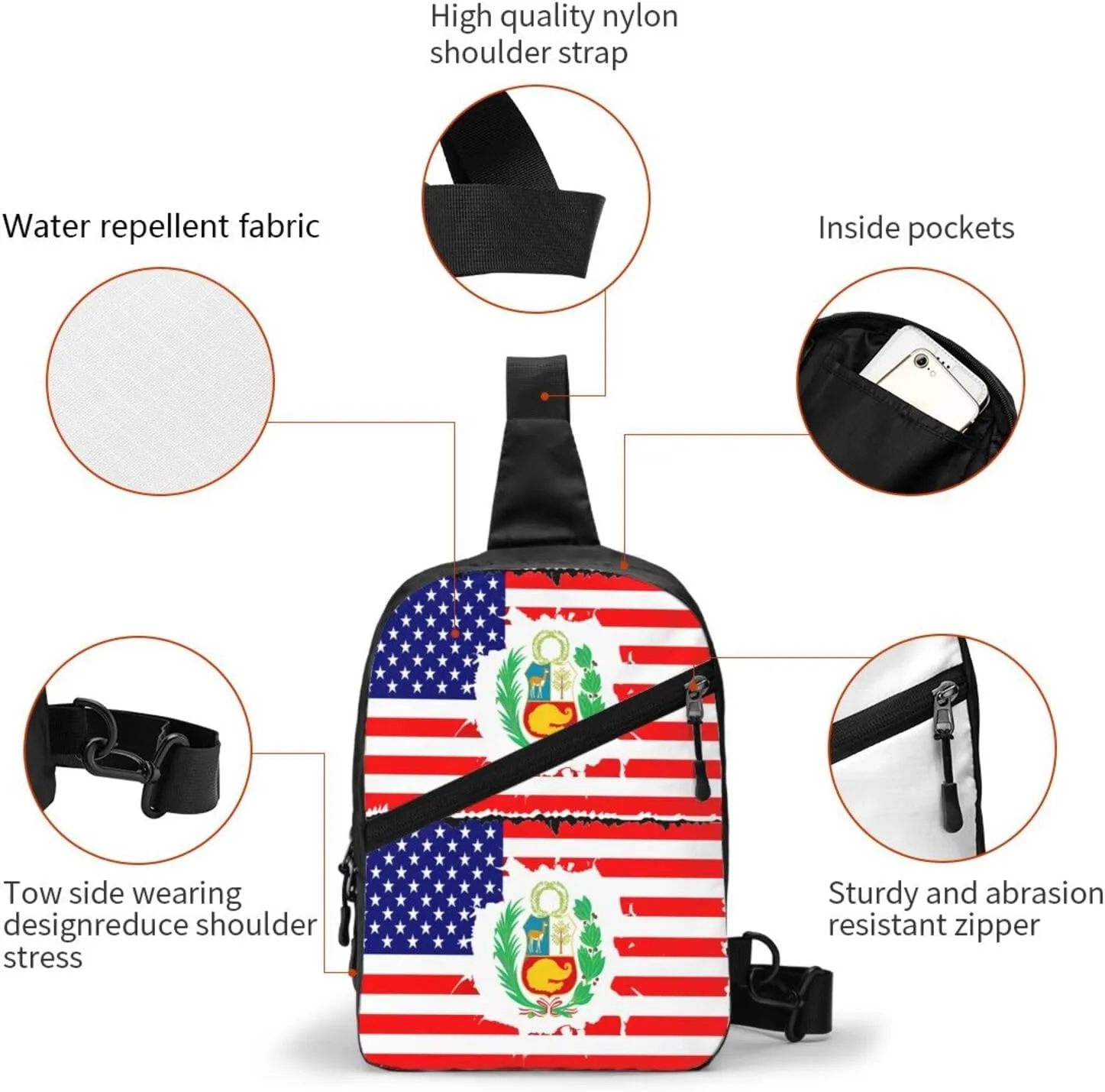 Peruvian Peru American Flag Crossbody Bag Portable Sling Bags Foldable Chest Daypack Reusable Sports Shoulder Backpack Diagonally Casual Rucksack Travel Bag