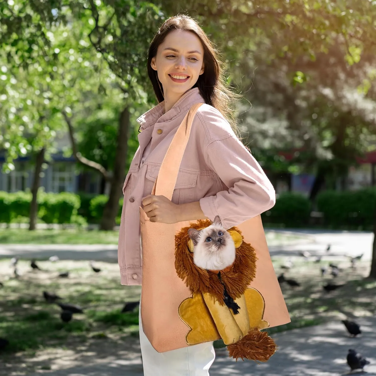 Pet Canvas Shoulder Carrying Bag, Cute Lion Shaped Cat Carrier, M Size Portable Kitten & Puppy Tote, Cozy Carriers for Small Dogs, Cats, and Pets, Handbag for Outdoor, Shopping, and Camping