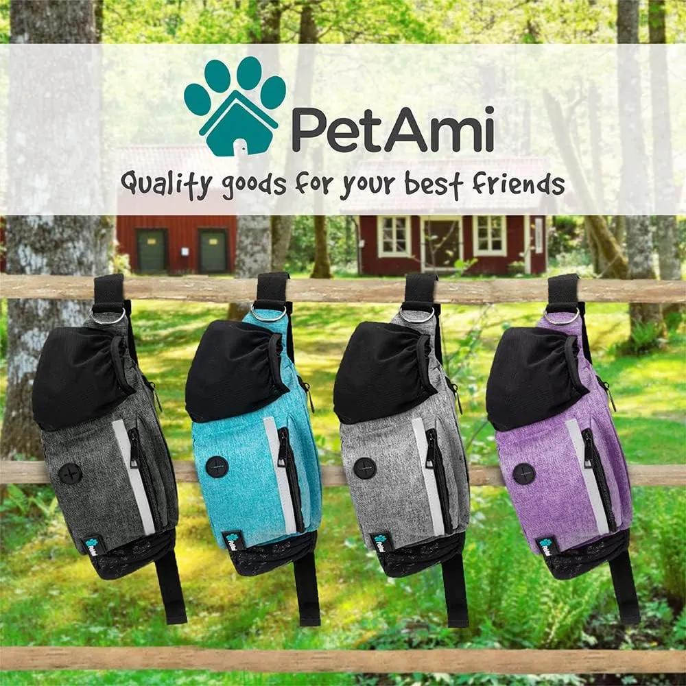 PetAmi Dog Fanny Pack, Treat Pouch for Dog Walking, Training, Built in Poop Bag Dispenser, Water Bottle Holder, Collapsible Bowl, Pet Treat Waist Belt for Hiking, Running, Kibbles (Grey)