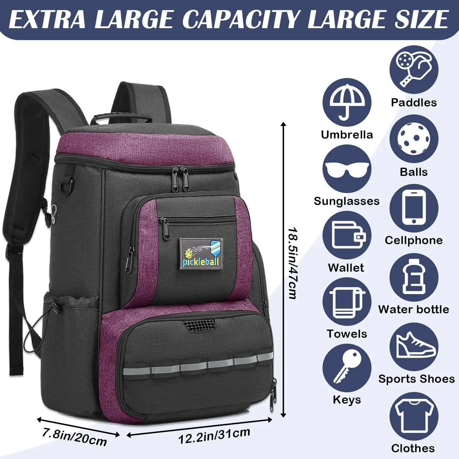 Pickleball Bag, Pickleball Backpack for Women Men - Fits 2 to 4 Paddles with Shoe Compartment & Fence Hook