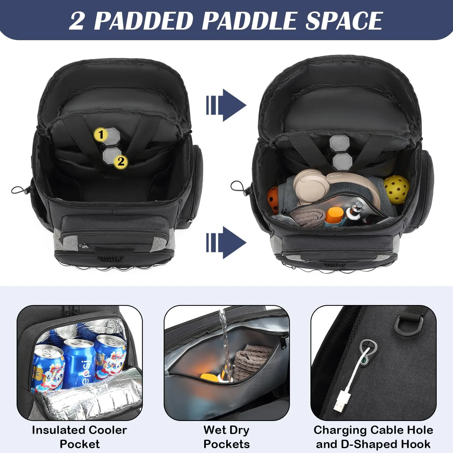 Pickleball Bag, Pickleball Backpack for Women Men - Fits 2 to 4 Paddles with Shoe Compartment & Fence Hook