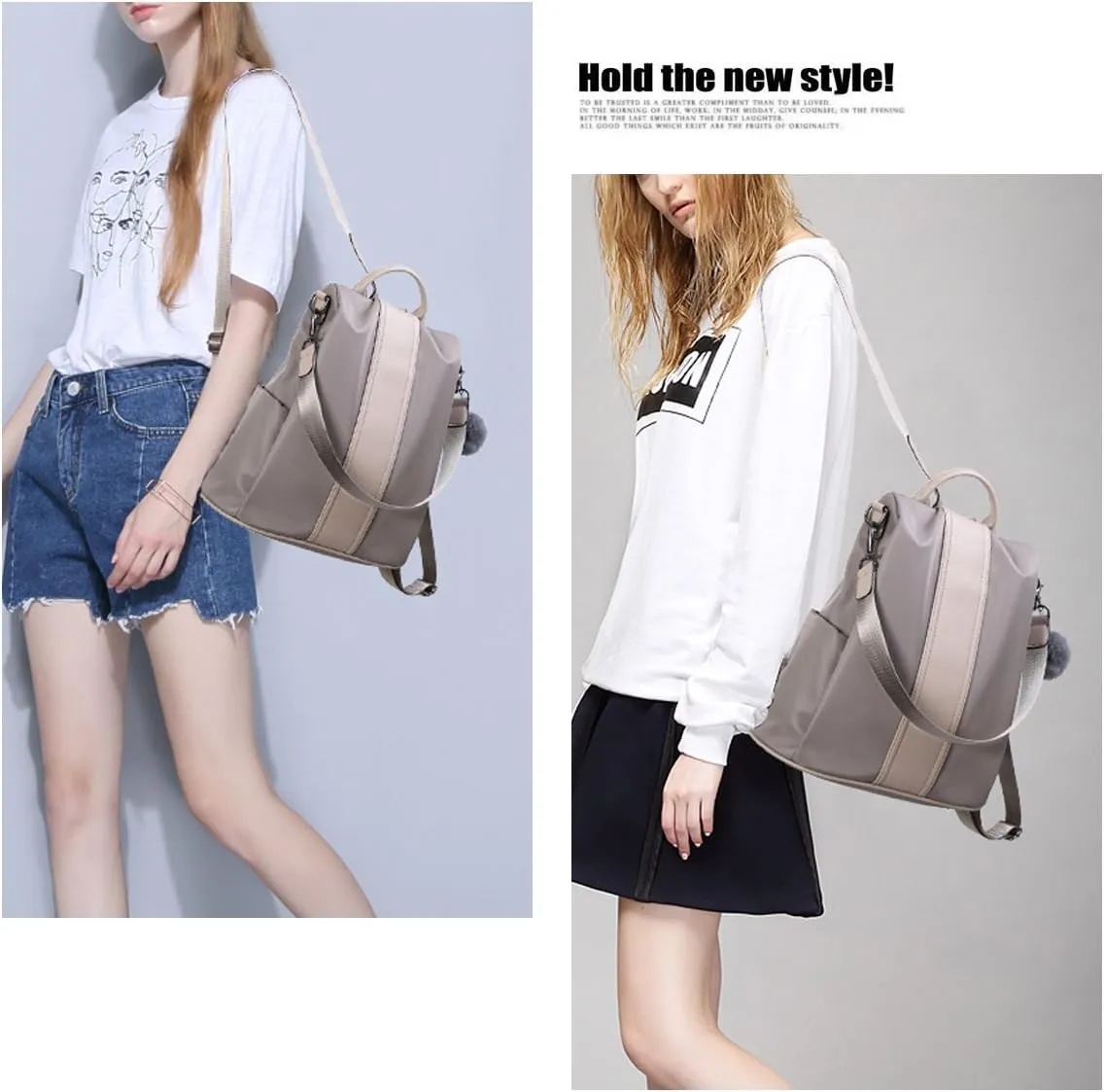 PINCNEL Women Khaki Medium Backpack Purse Waterproof Nylon Anti-theft Rucksack Lightweight Shoulder Bag