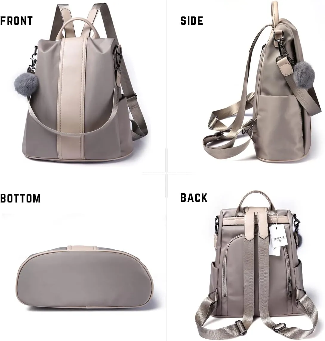 PINCNEL Women Khaki Medium Backpack Purse Waterproof Nylon Anti-theft Rucksack Lightweight Shoulder Bag