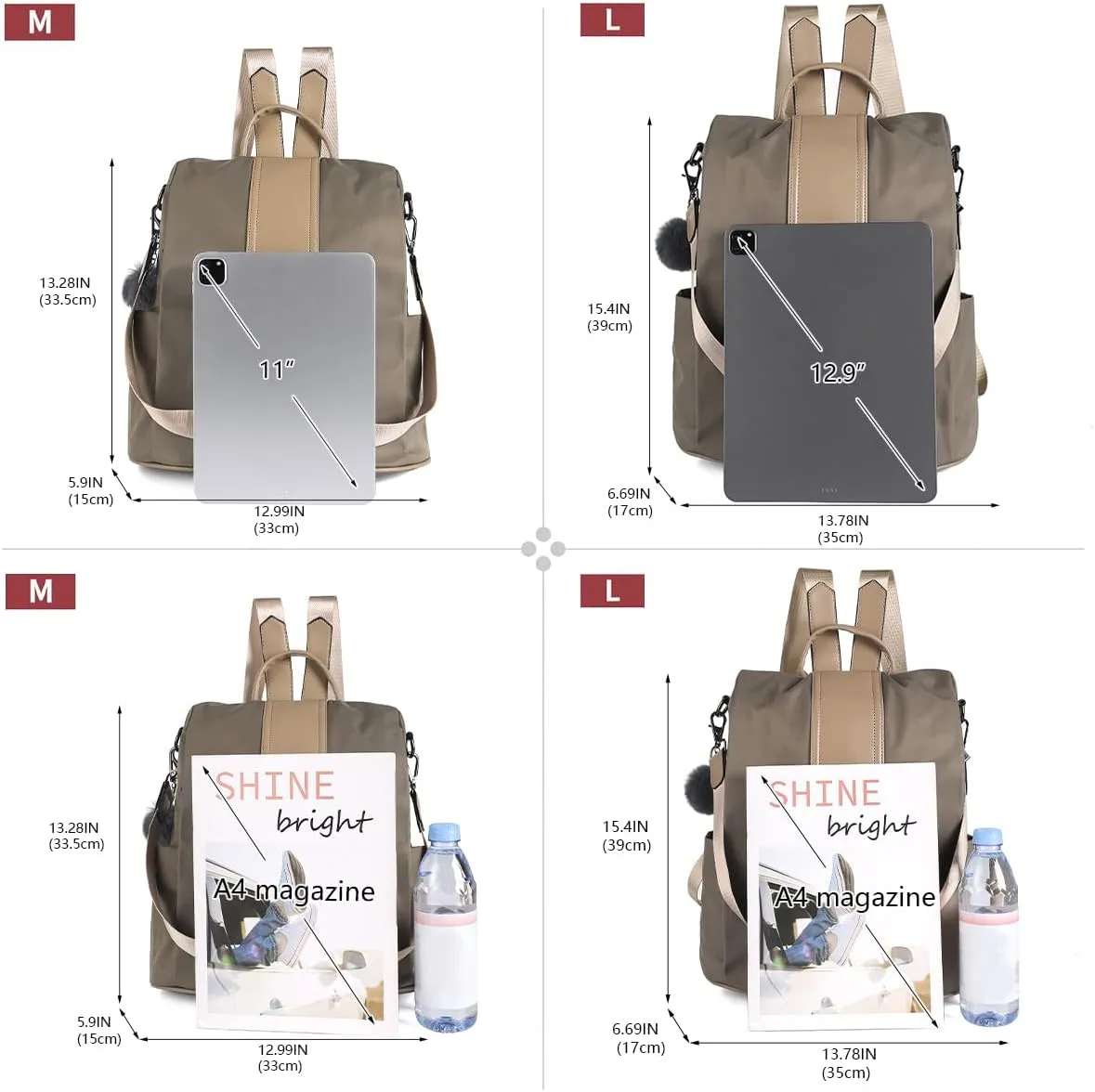 PINCNEL Women Khaki Medium Backpack Purse Waterproof Nylon Anti-theft Rucksack Lightweight Shoulder Bag