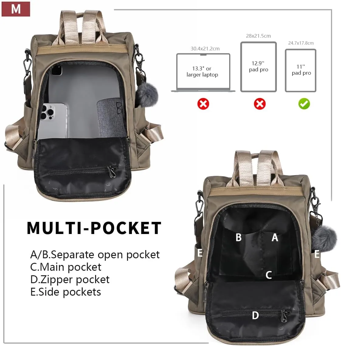 PINCNEL Women Khaki Medium Backpack Purse Waterproof Nylon Anti-theft Rucksack Lightweight Shoulder Bag