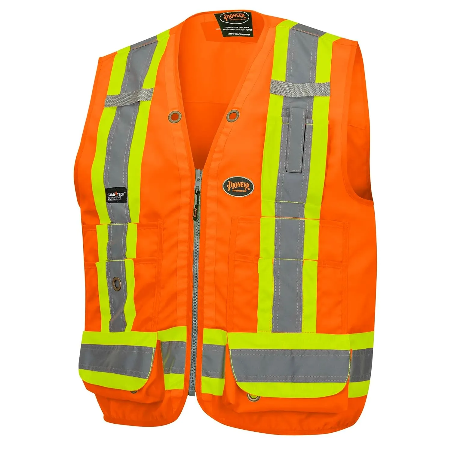 Pioneer Surveyor Safety Vest for Men – Hi Vis Reflective Neon –Woven 150D, 19 Pockets, Zipper, Cooling Mesh Vents – Orange or Yellow/Green