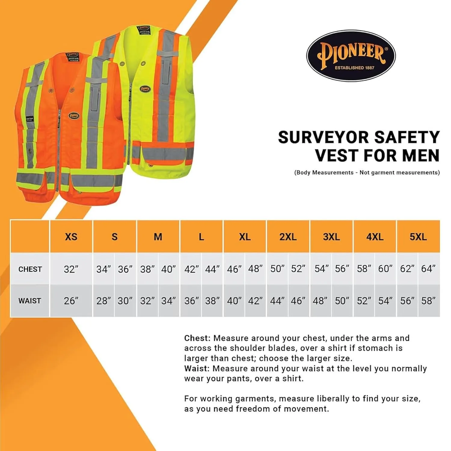 Pioneer Surveyor Safety Vest for Men – Hi Vis Reflective Neon –Woven 150D, 19 Pockets, Zipper, Cooling Mesh Vents – Orange or Yellow/Green