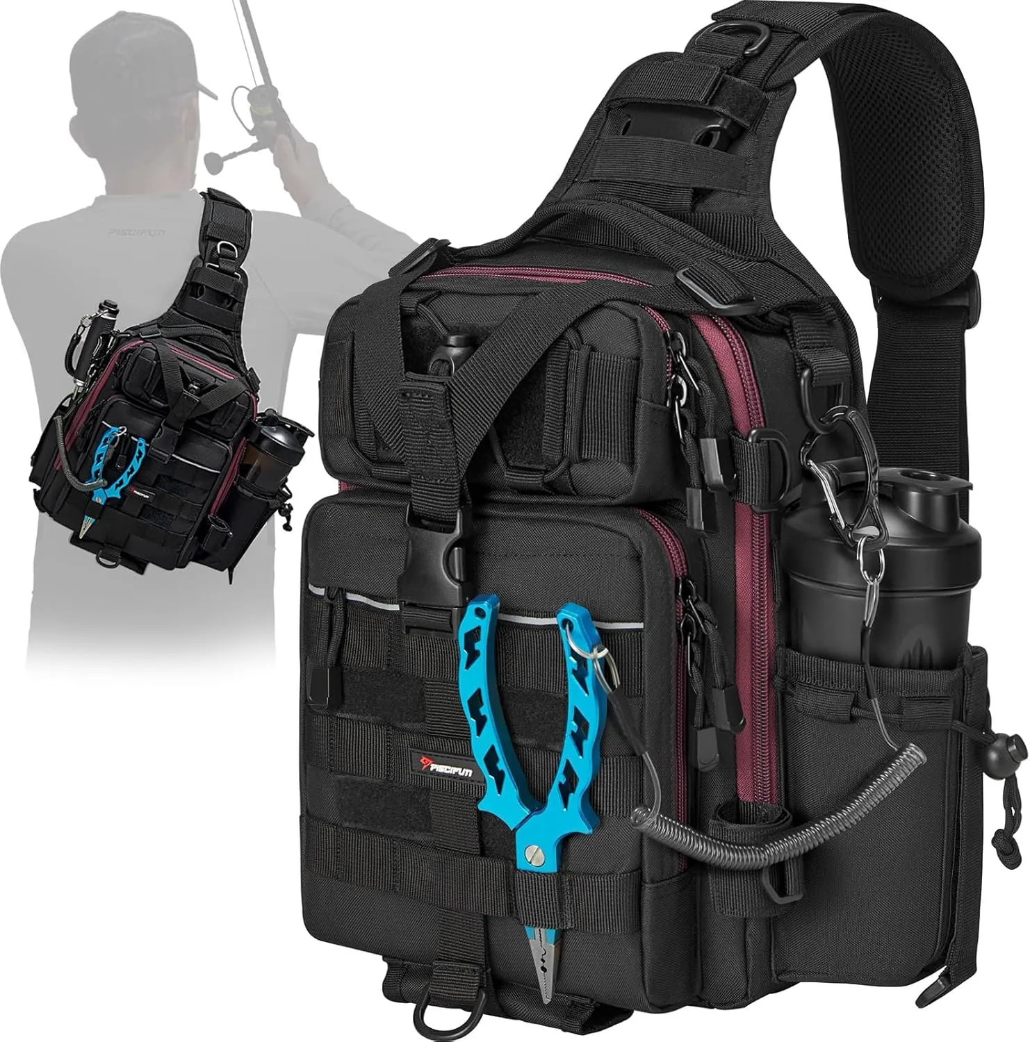 Piscifun Tackle Bag With Rod & Gear Holder - Lightweight Sling Storage Bag, Outdoor Shoulder Pack for Fishing, Hiking, Hunting