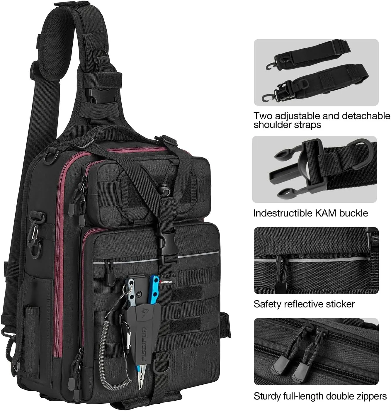 Piscifun Tackle Bag With Rod & Gear Holder - Lightweight Sling Storage Bag, Outdoor Shoulder Pack for Fishing, Hiking, Hunting