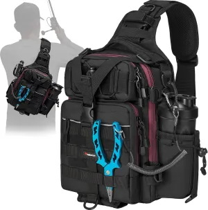 Piscifun Tackle Bag With Rod & Gear Holder - Lightweight Sling Storage Bag, Outdoor Shoulder Pack for Fishing, Hiking, Hunting