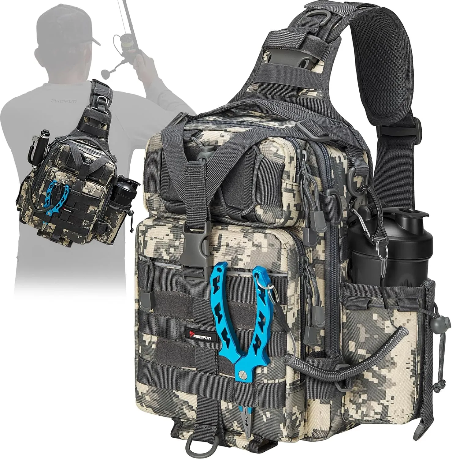 Piscifun Tackle Bag With Rod & Gear Holder - Lightweight Sling Storage Bag, Outdoor Shoulder Pack for Fishing, Hiking, Hunting