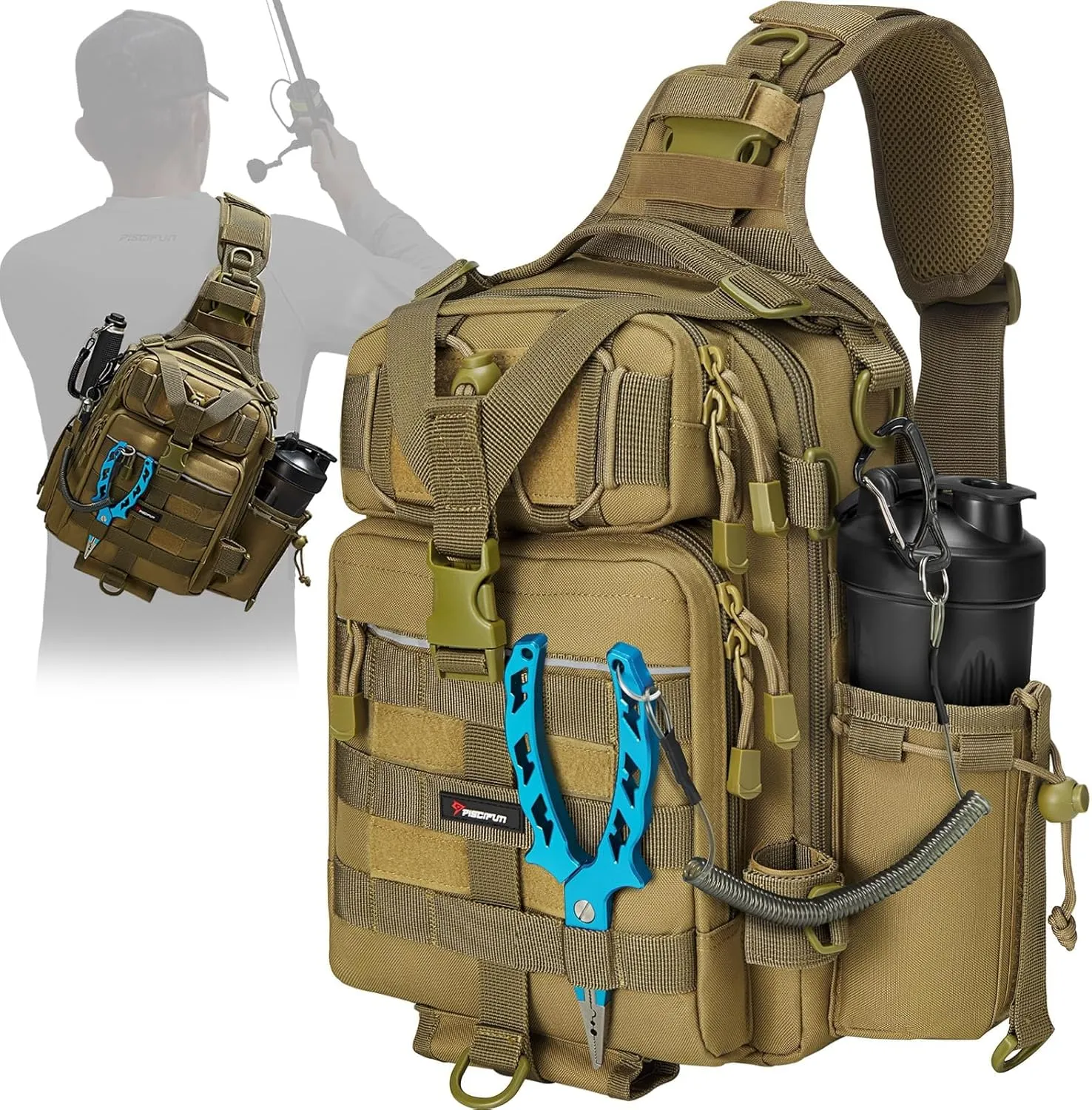 Piscifun Tackle Bag With Rod & Gear Holder - Lightweight Sling Storage Bag, Outdoor Shoulder Pack for Fishing, Hiking, Hunting