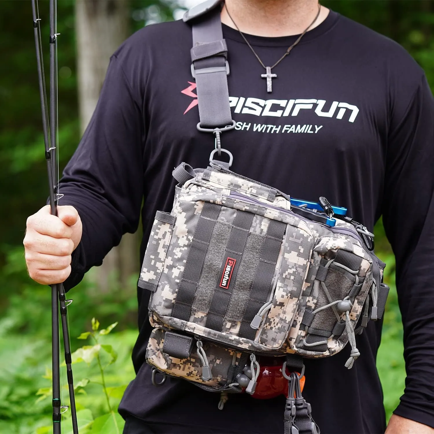 Piscifun Tackle Bag With Rod & Gear Holder - Lightweight Sling Storage Bag, Outdoor Shoulder Pack for Fishing, Hiking, Hunting