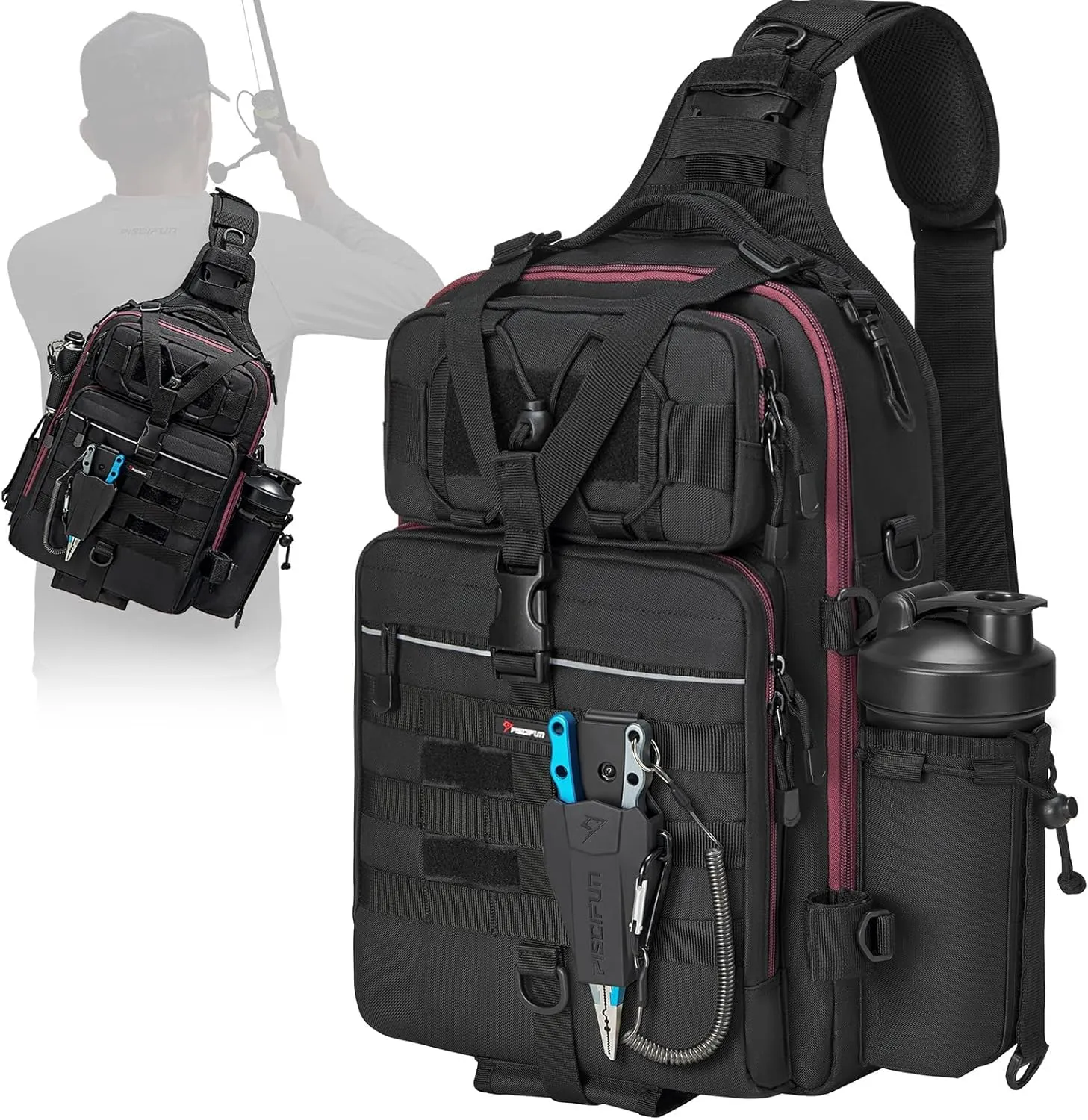 Piscifun Tackle Bag With Rod & Gear Holder - Lightweight Sling Storage Bag, Outdoor Shoulder Pack for Fishing, Hiking, Hunting