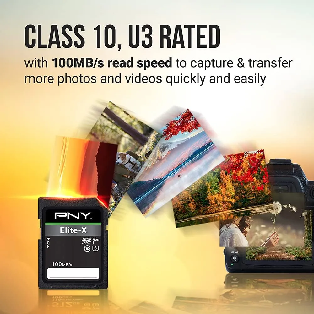 PNY 64GB Elite-X Class 10 U3 V30 SDXC Flash Memory Card - 100MB/s, Class 10, U3, V30, 4K UHD, Full HD, UHS-I, Full Size (Pack of 3)