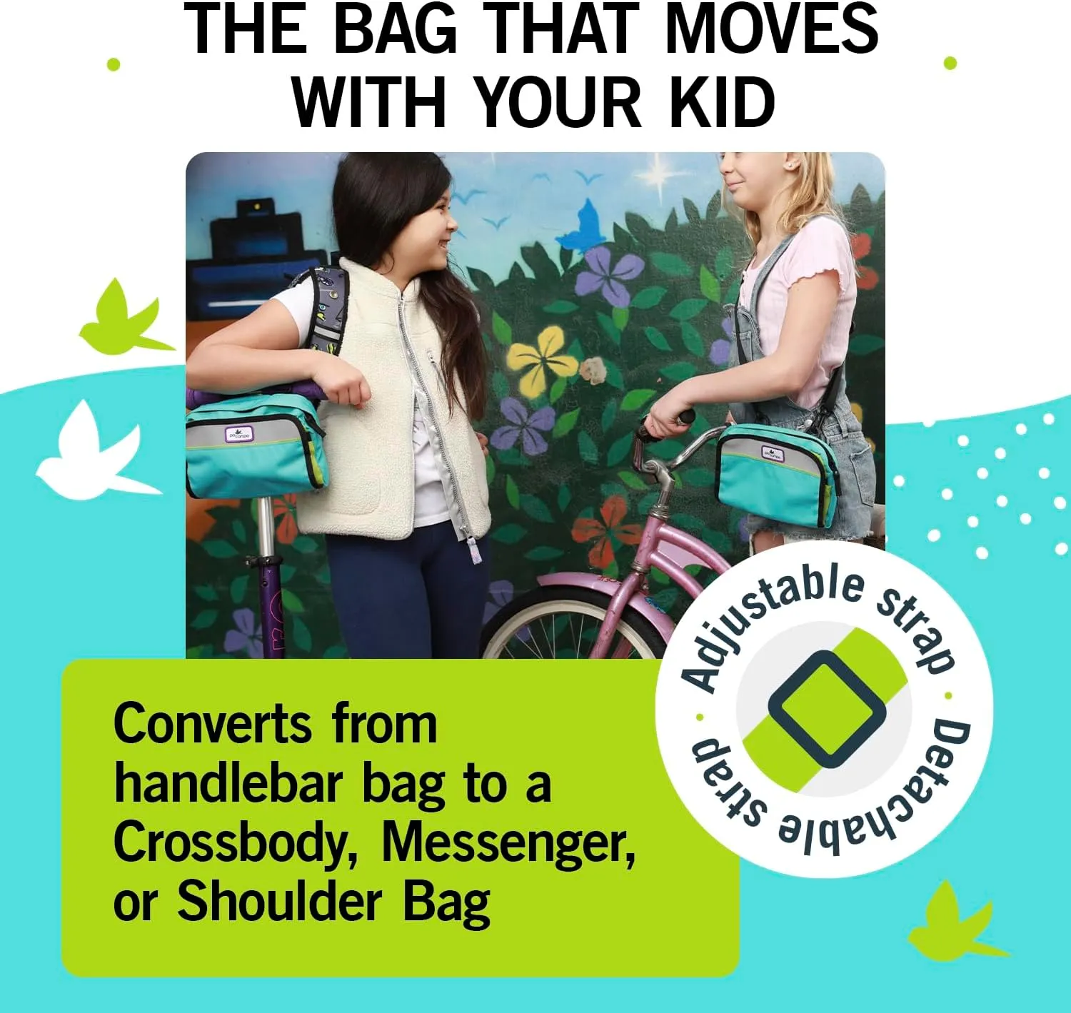 Po Campo Kids Bicycle Bag - Speedy Front Frame Bike Handlebar Bag Fabric Bike Basket Waterproof Front Mount Bike Bag for Boys Girls Bike or Scooter Handle Bars Converts to Crossbody Bag