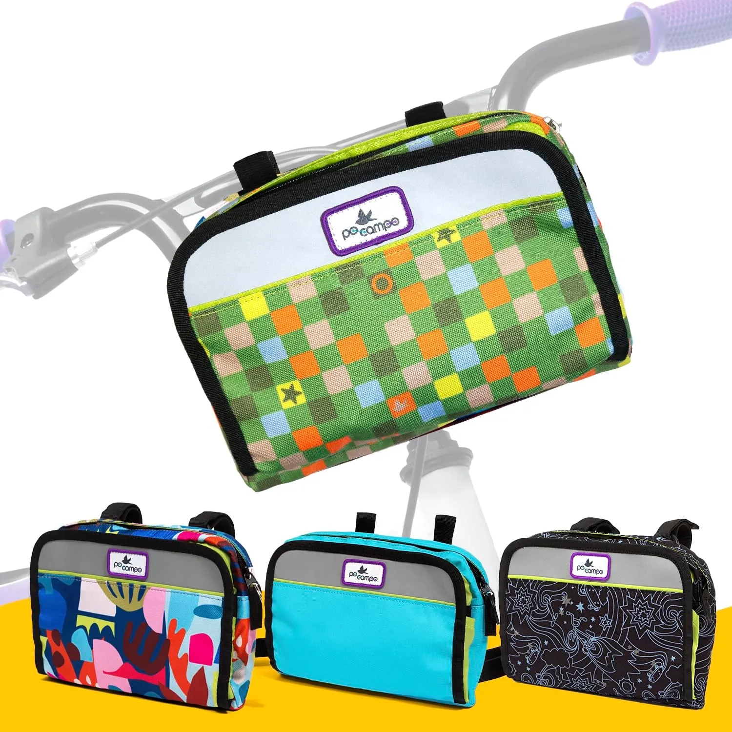 Po Campo Kids Bicycle Bag - Speedy Front Frame Bike Handlebar Bag Fabric Bike Basket Waterproof Front Mount Bike Bag for Boys Girls Bike or Scooter Handle Bars Converts to Crossbody Bag
