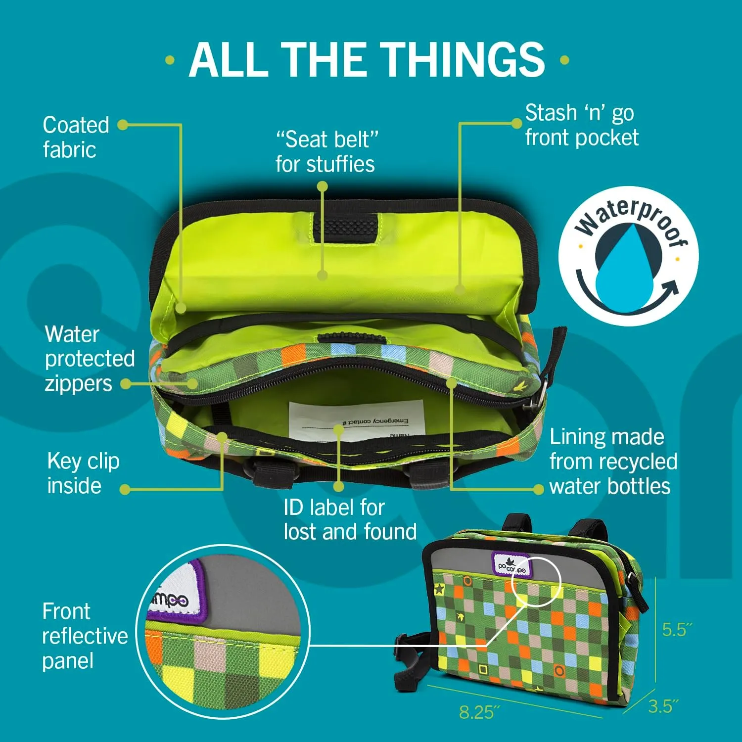 Po Campo Kids Bicycle Bag - Speedy Front Frame Bike Handlebar Bag Fabric Bike Basket Waterproof Front Mount Bike Bag for Boys Girls Bike or Scooter Handle Bars Converts to Crossbody Bag