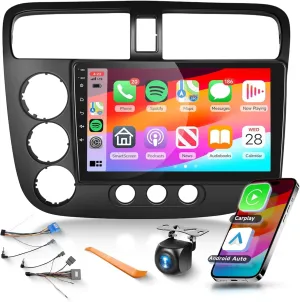 Podofo Car Stereo for Honda Civic 2001 2002 2003 2004 2005 Radio,Build-in DSP EQ Wireless CarPlay/Android Auto/MirrorLink/9inch HD IPS Touch Screen 26UIs/Bluetooth/GPS Chip/WiFi/AHD Backup Camera/SWC