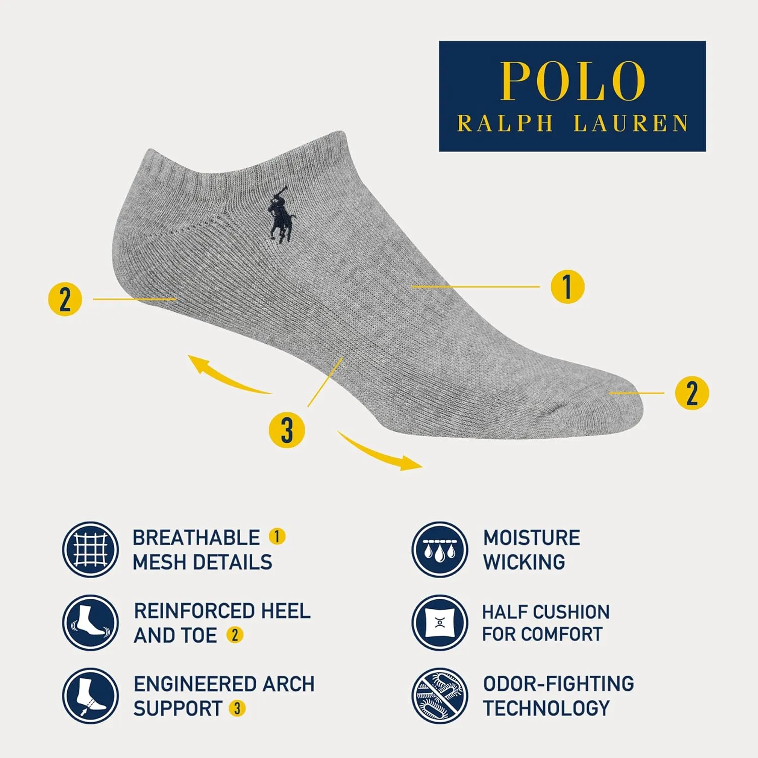 POLO RALPH LAUREN mens Athletic Performance Cotton Low Cut Socks - 6 Pair Pack - Moisture Wicking Mesh