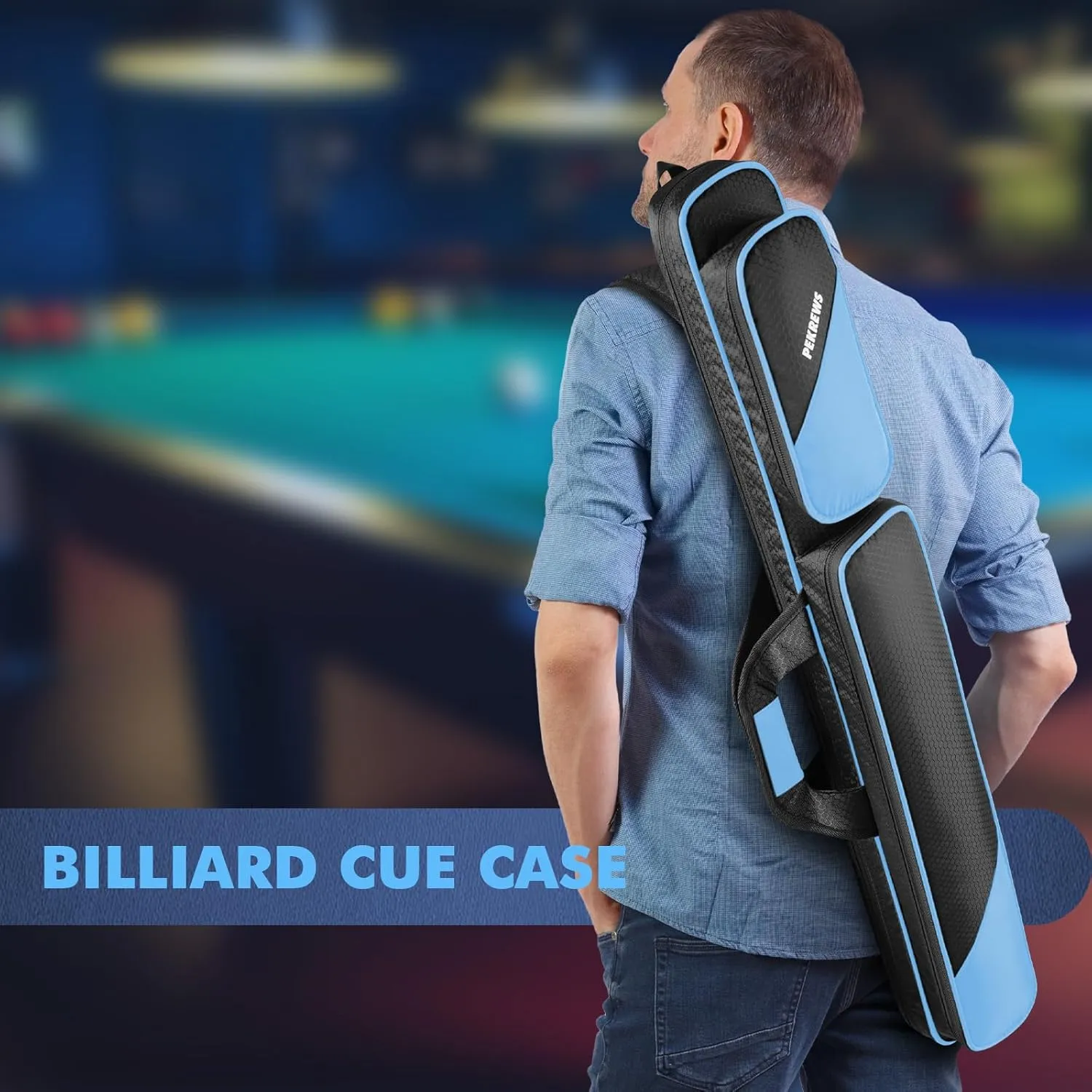 Pool Cue Case, Pool Stick Case 2x2 Holds 2 Sticks with 2 Accessory Zipper Pockets, Sturdy Polyester Pool Cue Carry Bag with Shoulder Strap Handle, Soft Billiard Cue Sling Bag for Men and Women