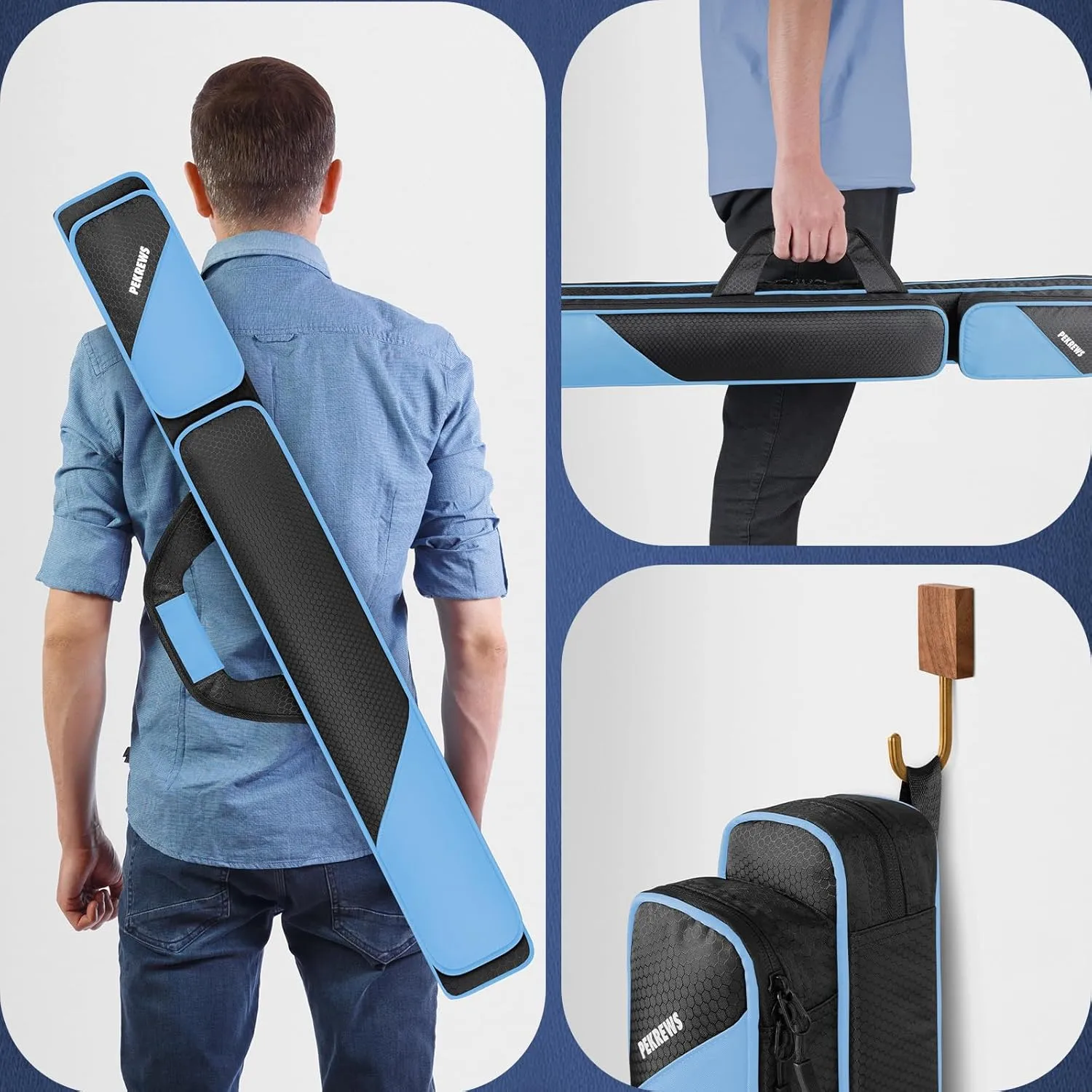 Pool Cue Case, Pool Stick Case 2x2 Holds 2 Sticks with 2 Accessory Zipper Pockets, Sturdy Polyester Pool Cue Carry Bag with Shoulder Strap Handle, Soft Billiard Cue Sling Bag for Men and Women