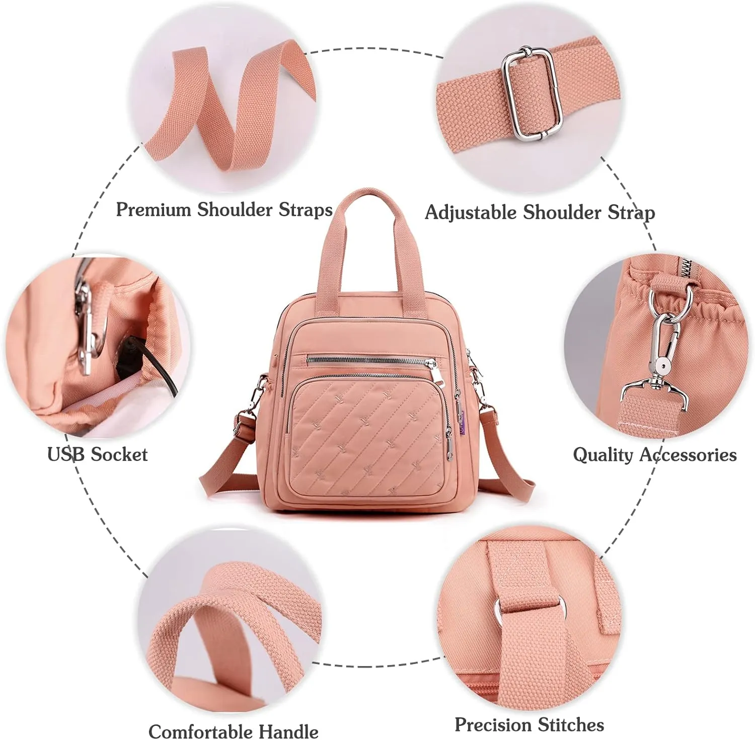 PORRASSO Backpack Fashion Shoulder Bag Women Handbag Rucksack Daypack Nylon Crossbody Bag for Work Travel Daily Use Pink