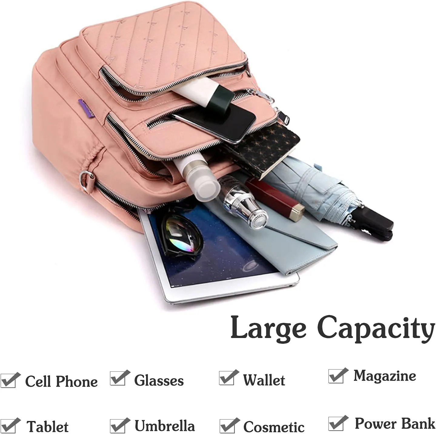 PORRASSO Backpack Fashion Shoulder Bag Women Handbag Rucksack Daypack Nylon Crossbody Bag for Work Travel Daily Use Pink