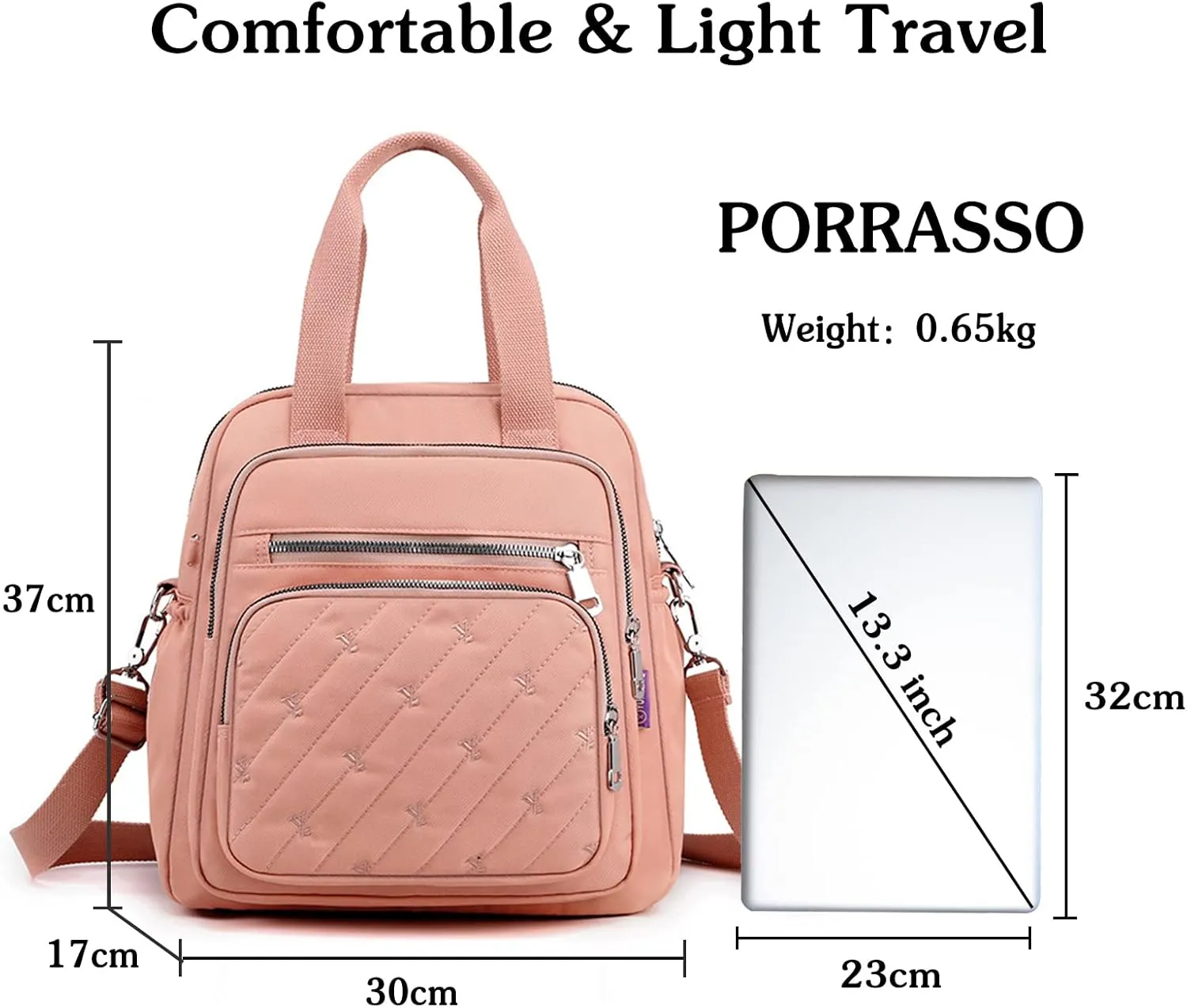 PORRASSO Backpack Fashion Shoulder Bag Women Handbag Rucksack Daypack Nylon Crossbody Bag for Work Travel Daily Use Pink