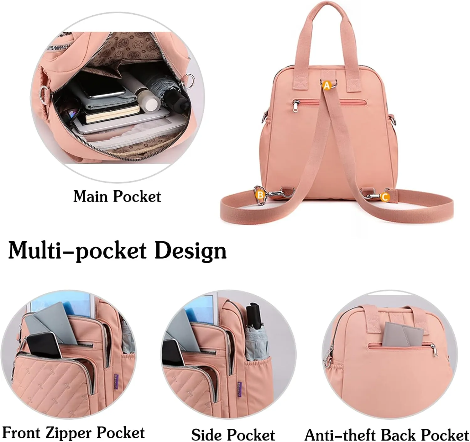 PORRASSO Backpack Fashion Shoulder Bag Women Handbag Rucksack Daypack Nylon Crossbody Bag for Work Travel Daily Use Pink